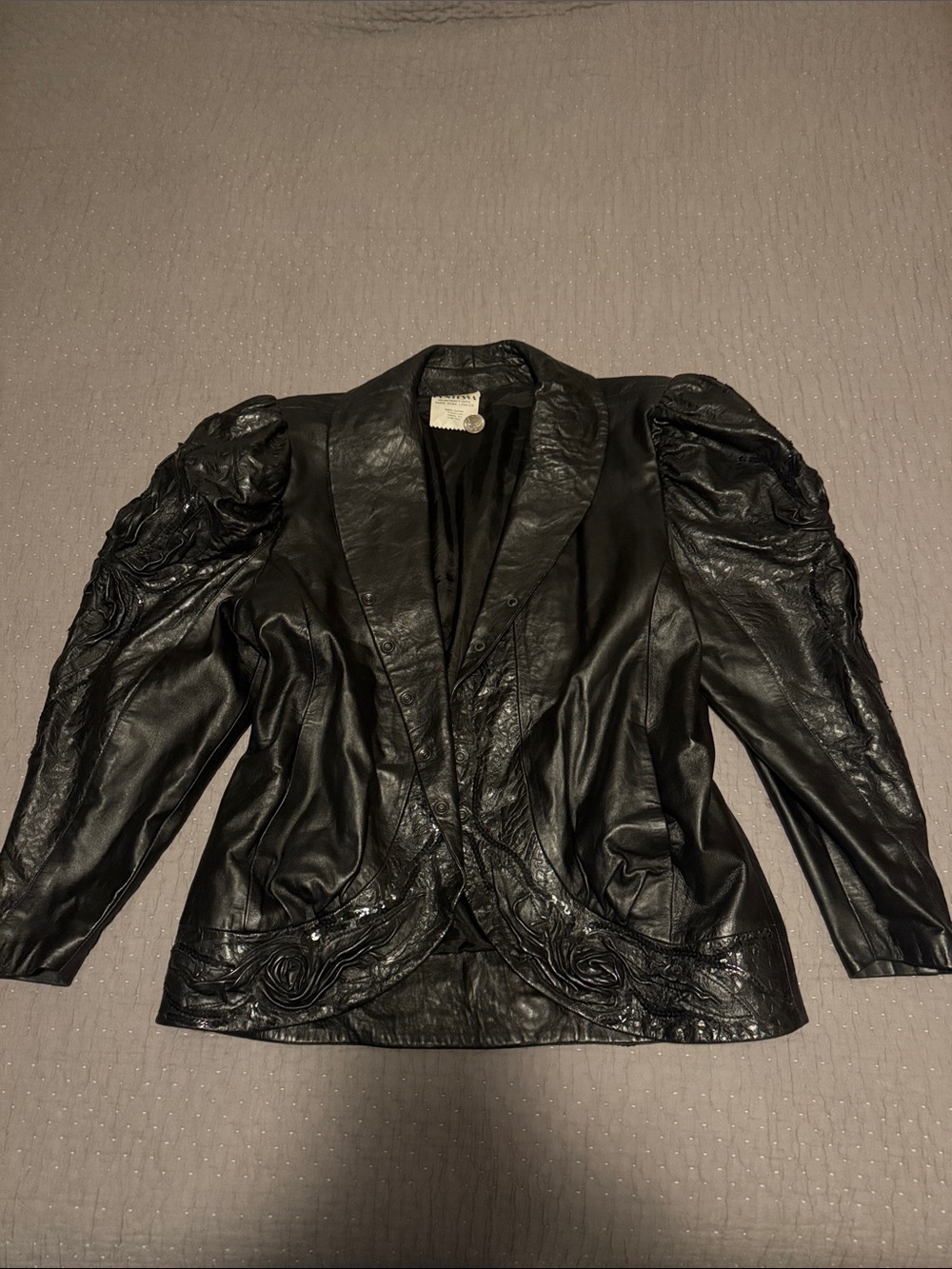 Contessa Oversized Leather Jacket w/ Puff Sleeves & Flower Details